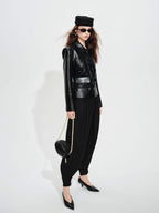 audreyyang Belted Lambskin Slim Fit Short Lapel Long Sleeve Black Genuine Leather Jackets