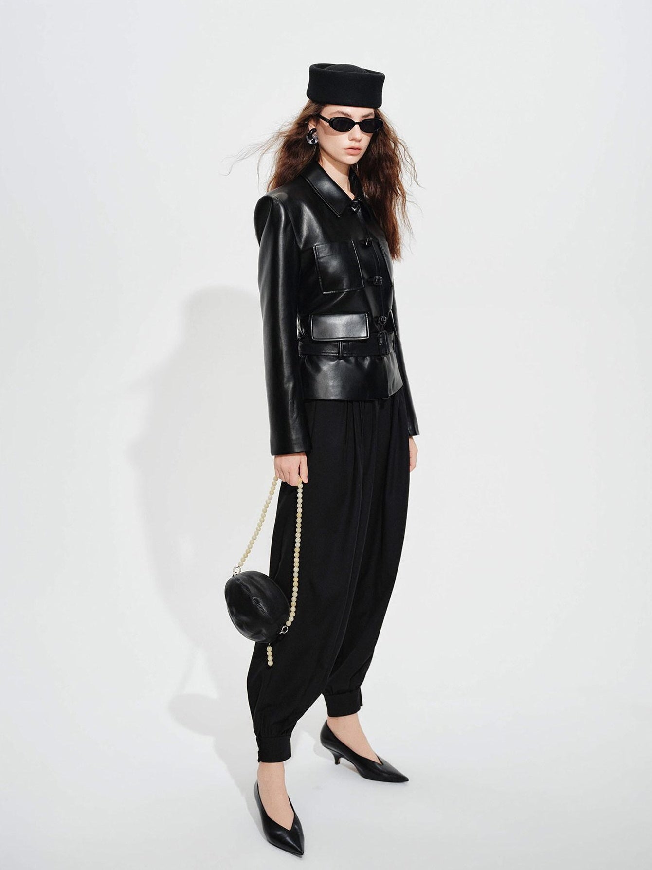 audreyyang Belted Lambskin Slim Fit Short Lapel Long Sleeve Black Genuine Leather Jackets