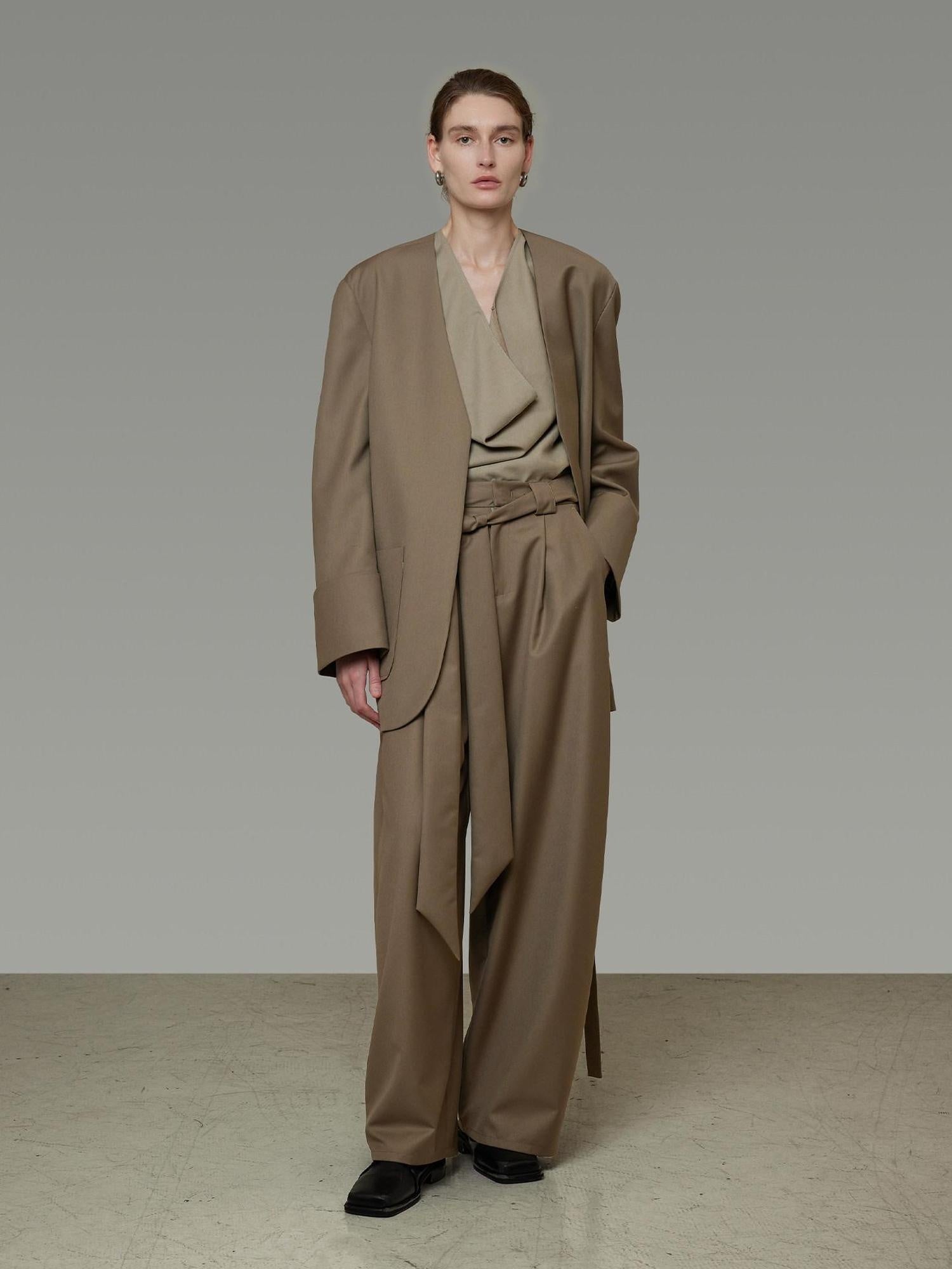 unspoken Minimal Slim Tailored Blazer High Waist Long Pants Women Brown Top & Pants Sets