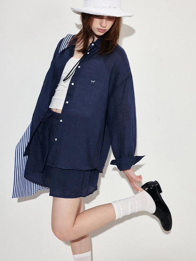 fano Comfortable Collared Long Sleeve Navy Two Piece Women Top & Shorts Sets