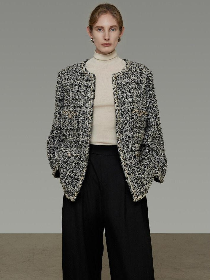 unspoken Warm Wool Blend Houndstooth Loose Fit Simple Commuter Black White Short Coat