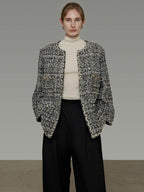 unspoken Warm Wool Blend Houndstooth Loose Fit Simple Commuter Black White Short Coat