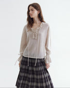 fano Breathable V-neck Korean Office Loose Fit Lace Girls Basic Crop Tops