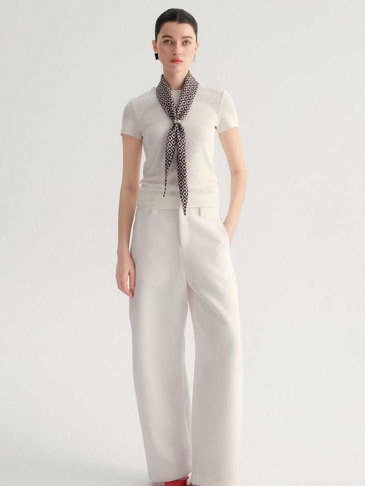 audreyyang Smart Office Natural Waist Zip Fly Polyester Blend Black White Straight Pants