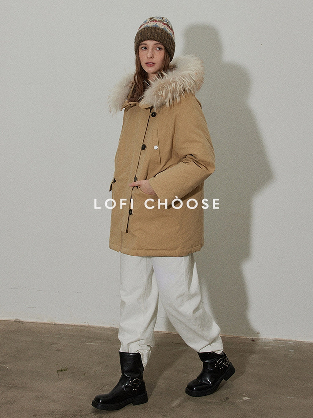 Lofi choose 90 Percent White Duck Down Thick Hooded Commuter Khaki Zip Down Jackets