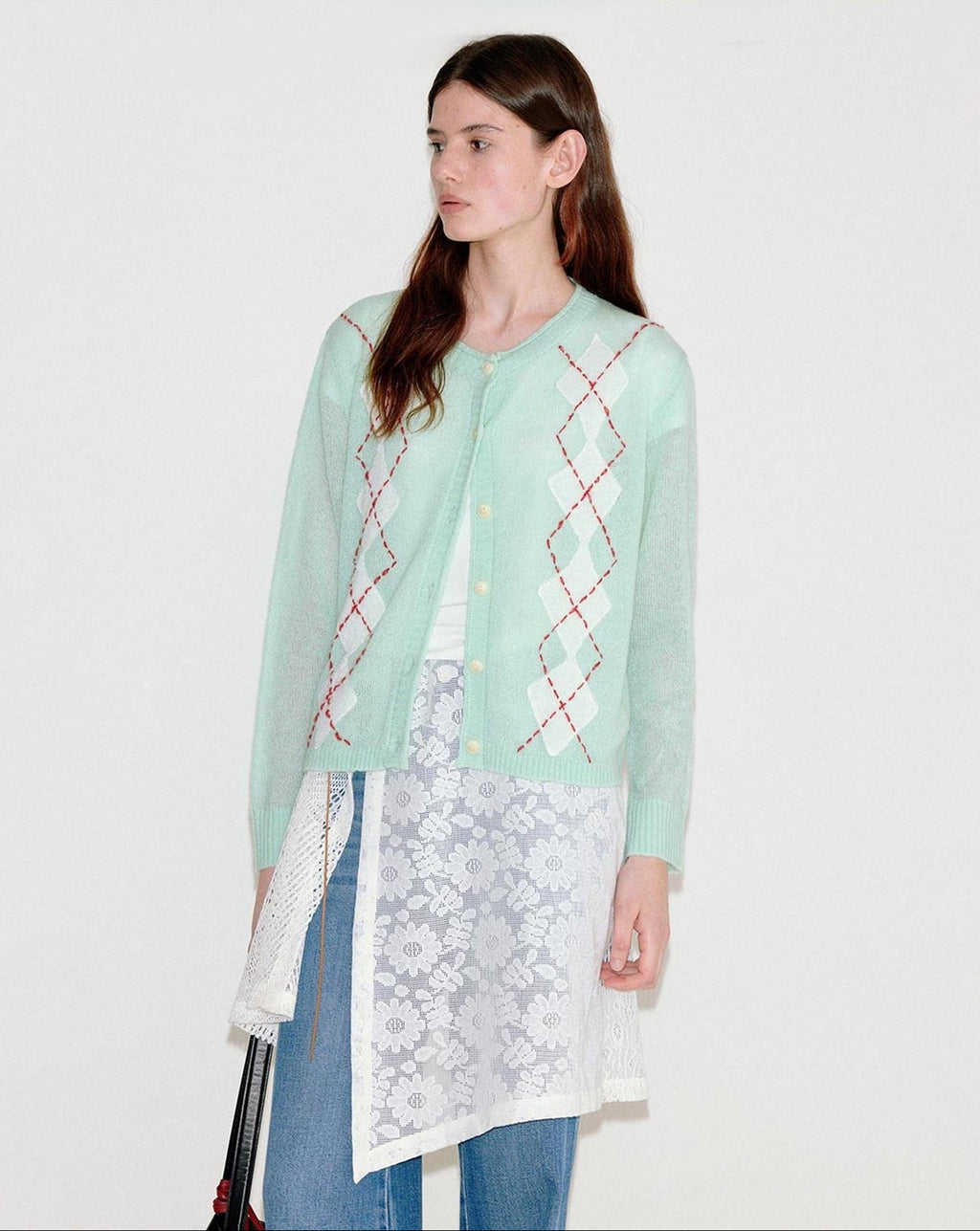 fano Warm Wool Blend Diamond Loose Fit Commuter Round Neck Mint Cardigans
