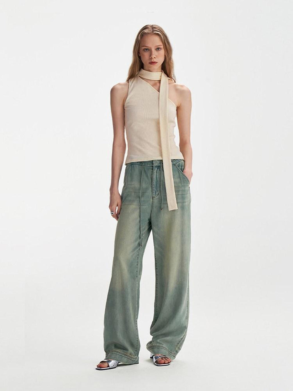 someonesometimes High Waist Washed Blue Denim Relaxed Fit Long Leg Stylish Women Wide Leg Jeans