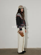Lofi choose Lightweight Geometric Button Round Neck Loose Fit Office Women Knit Cardigans