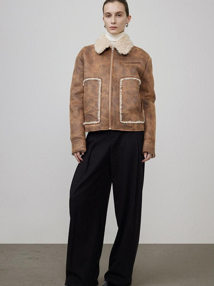 unspoken Faux Fur Lined Oversized Zip Pocket Barn Style Women Khaki Leather Jackets