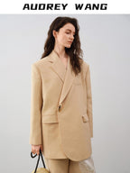 audreyyang Oversized Wool Single Button Notch Lapel Long Sleeve Women Cream Black Blazers