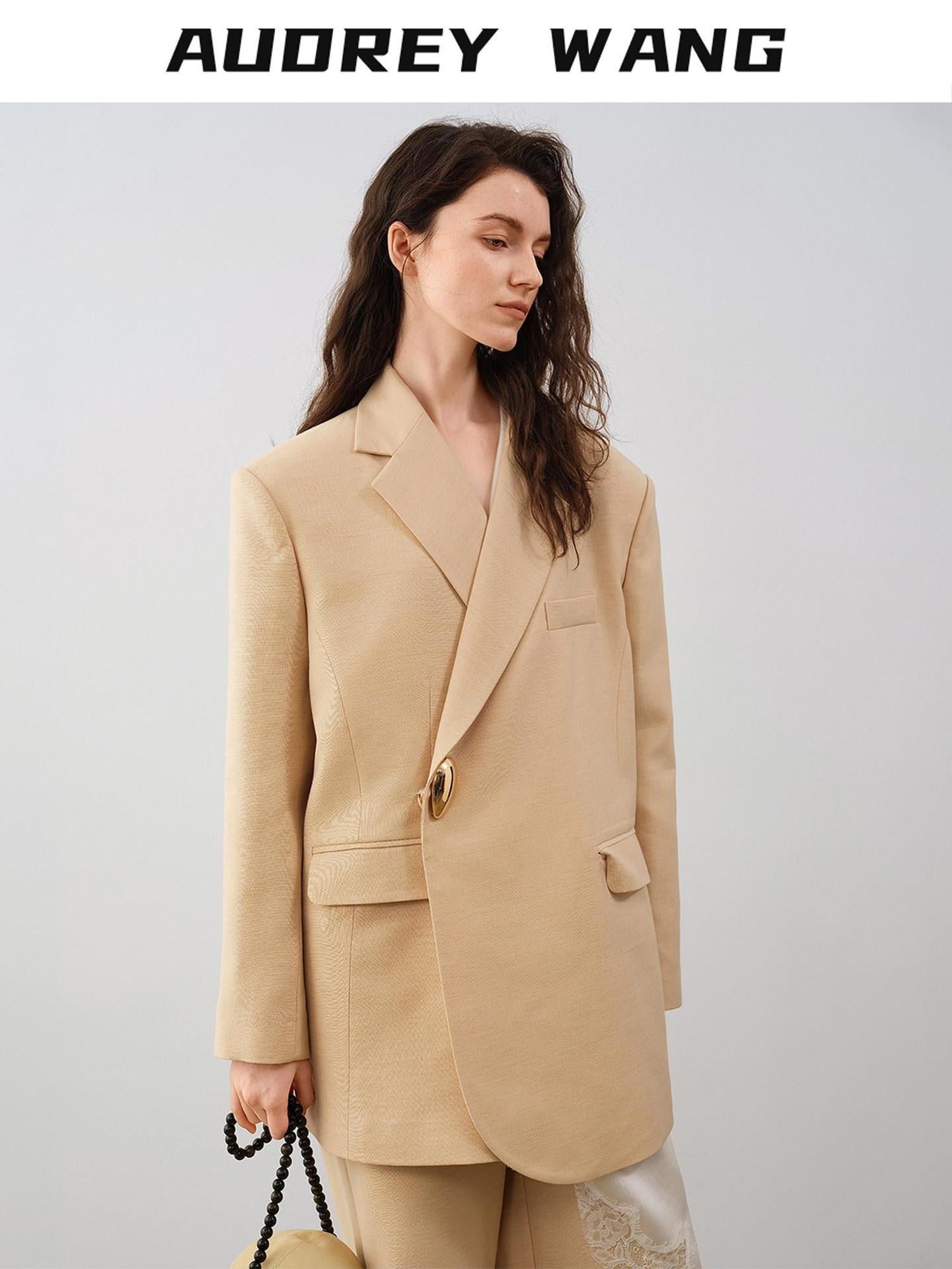 audreyyang Oversized Wool Single Button Notch Lapel Long Sleeve Women Cream Black Blazers