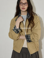 Lofi_choose_Pure_Cotton_Office_Loose_Raglan_Zipper_Plaid_Women_Khaki_Cropped_Jackets_MISSTT