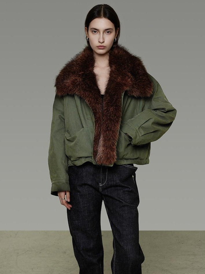 unspoken Fur Collar Short Single Breasted Office Olive Green Long Sleeve Cropped Jackets
