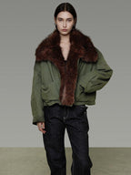 unspoken Fur Collar Short Single Breasted Office Olive Green Long Sleeve Cropped Jackets