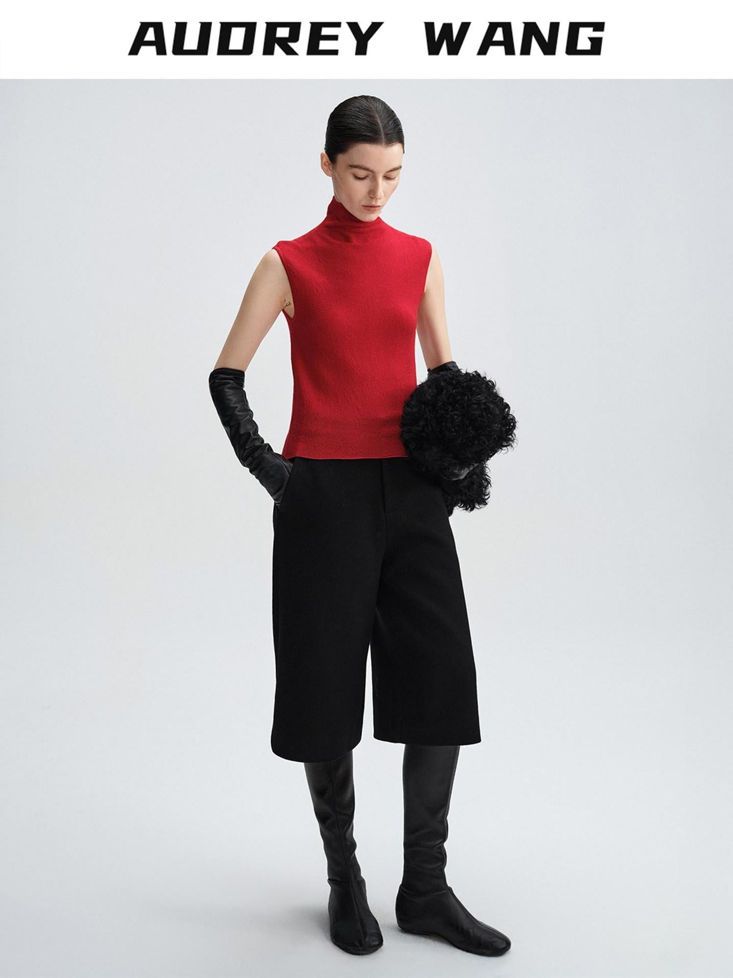 audreyyang Soft 100 Percent Wool High Neck Fitted Women Off Shoulder Crop Tops