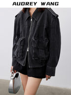 audreyyang Cotton Loose Commuter Lapel Zipper Long Sleeve Women Ash Gray Cropped Jackets