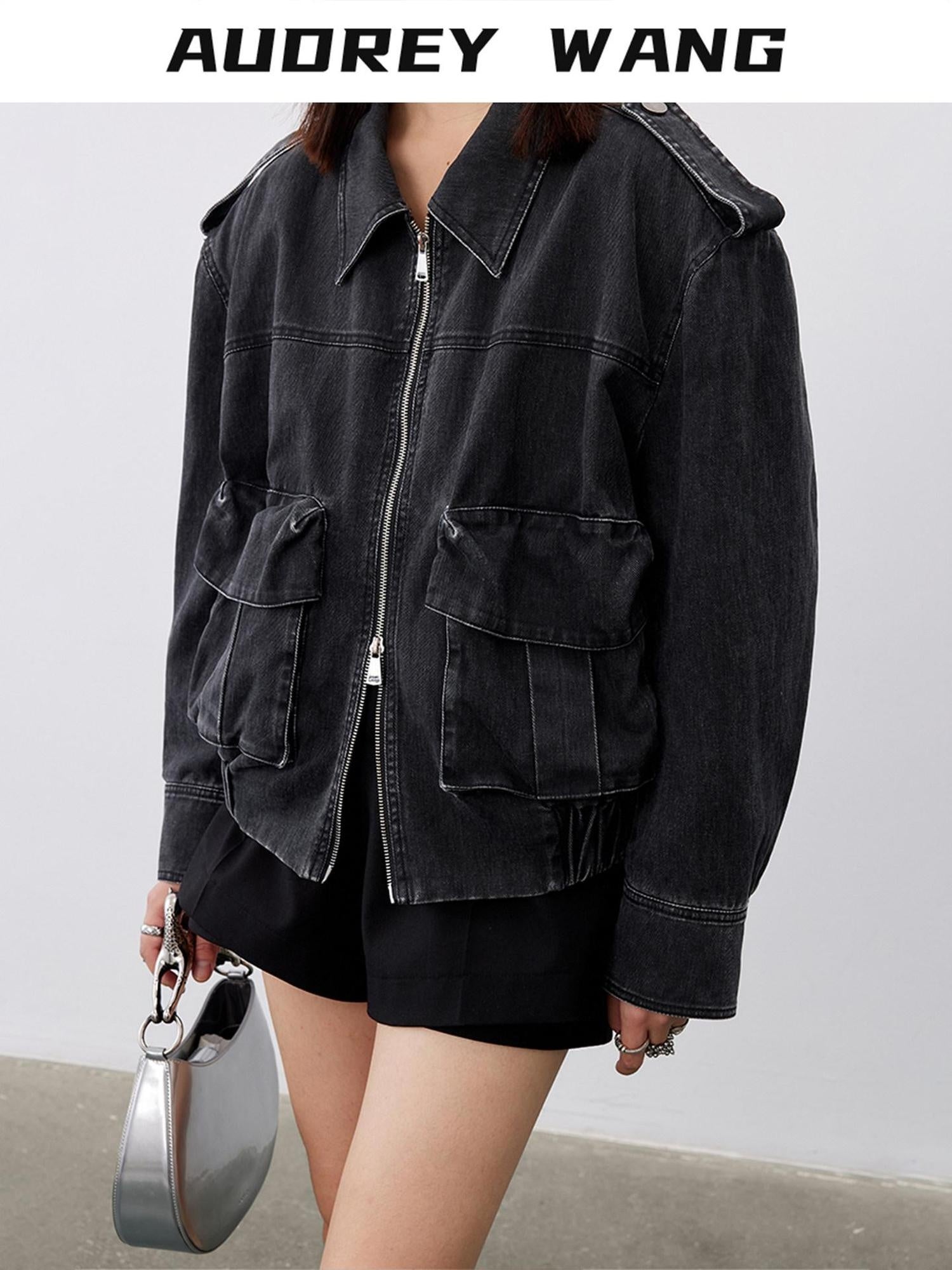 audreyyang Cotton Loose Commuter Lapel Zipper Long Sleeve Women Ash Gray Cropped Jackets