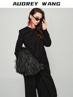 audreyyang Elegant Slim Waist Poly Blend Round Neck Midlength Pullover Black Long Coats