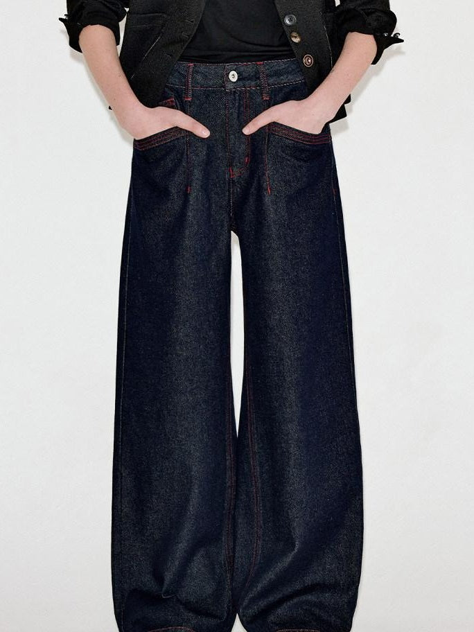 fano Comfortable Cotton Vintage Relaxed Natural Waist Women Raw Denim Wide Leg Jeans