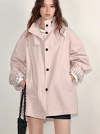 fano Peach Pink Cotton Lined Korean Loose Short Single Breasted Women Trench Coats