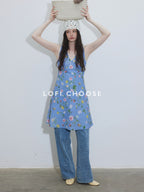 Lofi choose Printed Polyester Sleeveless V-neck A Line Casual Women Black Blue Midi Dresses