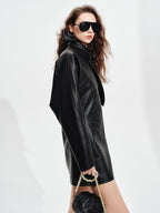 audreyyang Sheepskin Leather Cinched Waist French Tie Neck A Line Work Date Midi Dresses