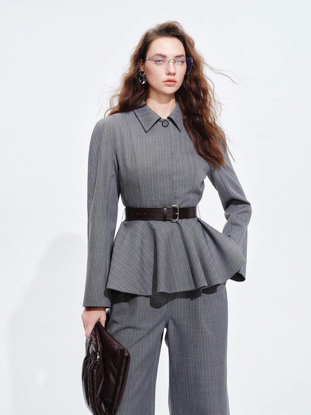 audreyyang Shape Retaining Cinched Waist Herringbone Lapel Women Wool Blend Cropped Jackets