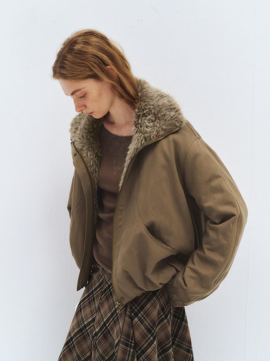 someonesometimes Lyocell Cotton Blend Relaxed Stand Collar Zip Women Beechwood Green Short Coat