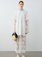 audreyyang Lace Trim Cotton Loose Aline Skirt Short Sleeve Casual Women Top & Skirt Sets