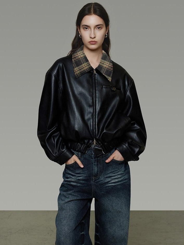 unspoken Commuter Loose Cropped Colorblock Patchwork Lapel Zipper Leather Jackets
