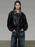 unspoken Commuter Loose Cropped Colorblock Patchwork Lapel Zipper Leather Jackets