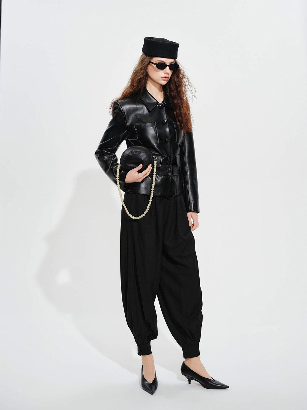 audreyyang Belted Lambskin Slim Fit Short Lapel Long Sleeve Black Genuine Leather Jackets