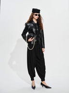 audreyyang Belted Lambskin Slim Fit Short Lapel Long Sleeve Black Genuine Leather Jackets