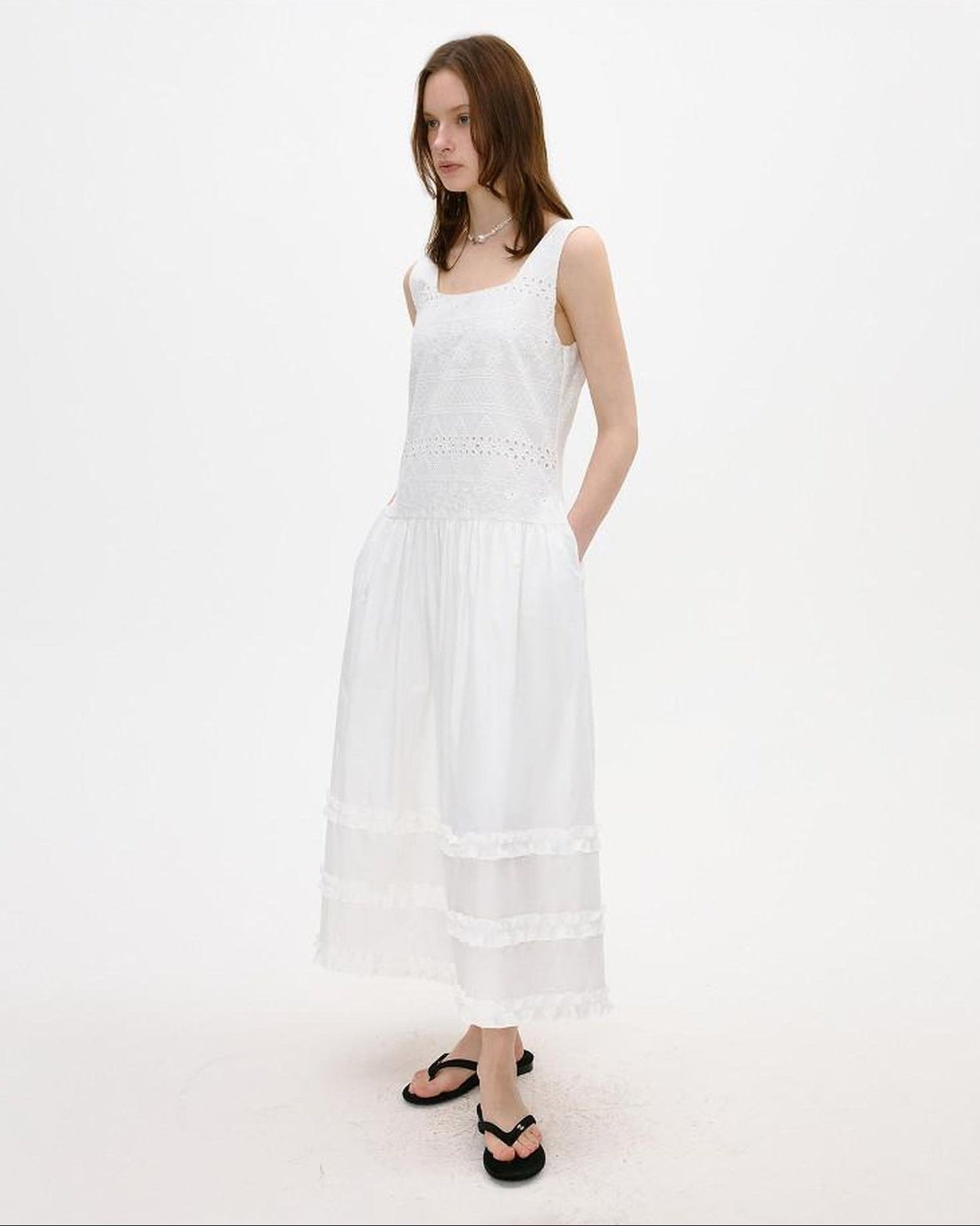 fano Cotton Korean Work Aline Sleeveless Round Neck Natural Waist White Maxi Dresses