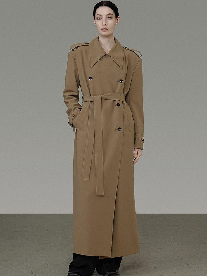 unspoken Double Breasted Straight Minimalist Office Tea Brown Longline Women Trench Coats