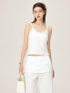 ikyou Lace V-neck Slim Fit Slight Stretch Daily Wear Women White Short Thin Camisoles