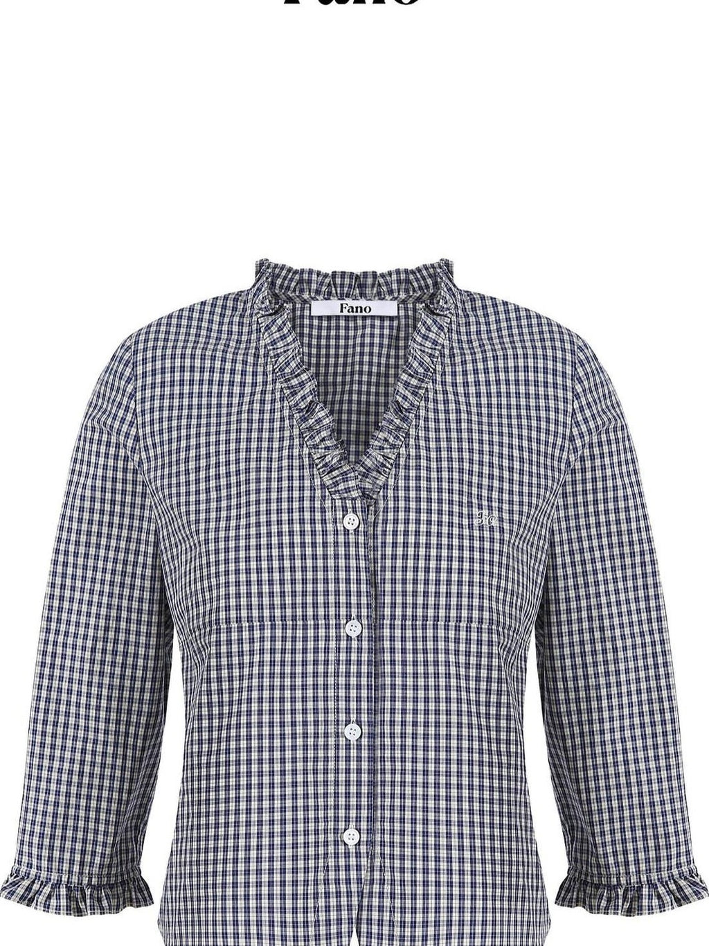 fano Warm Cotton V-neck Tie Slim Minimal 3 4 Sleeve Blue White Check Work Blouses
