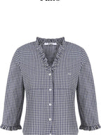 fano Warm Cotton V-neck Tie Slim Minimal 3 4 Sleeve Blue White Check Work Blouses