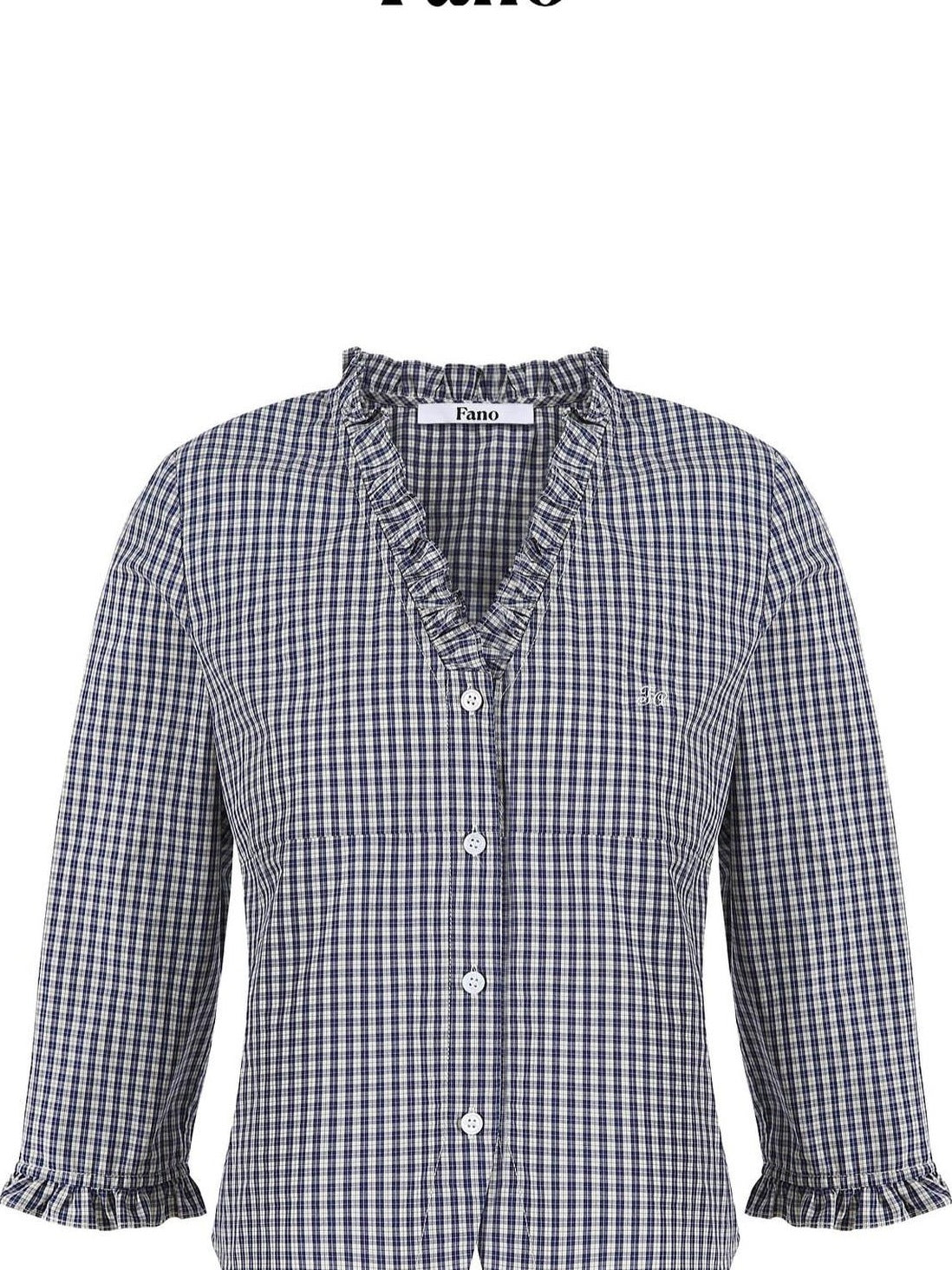fano Warm Cotton V-neck Tie Slim Minimal 3 4 Sleeve Blue White Check Work Blouses