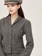 ikyou Tassel Button Slim Fit Square Neck Long Sleeve Work Gray Brown Top & Skirt Sets