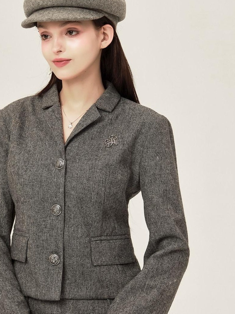 ikyou Tassel Button Slim Fit Square Neck Long Sleeve Work Gray Brown Top & Skirt Sets