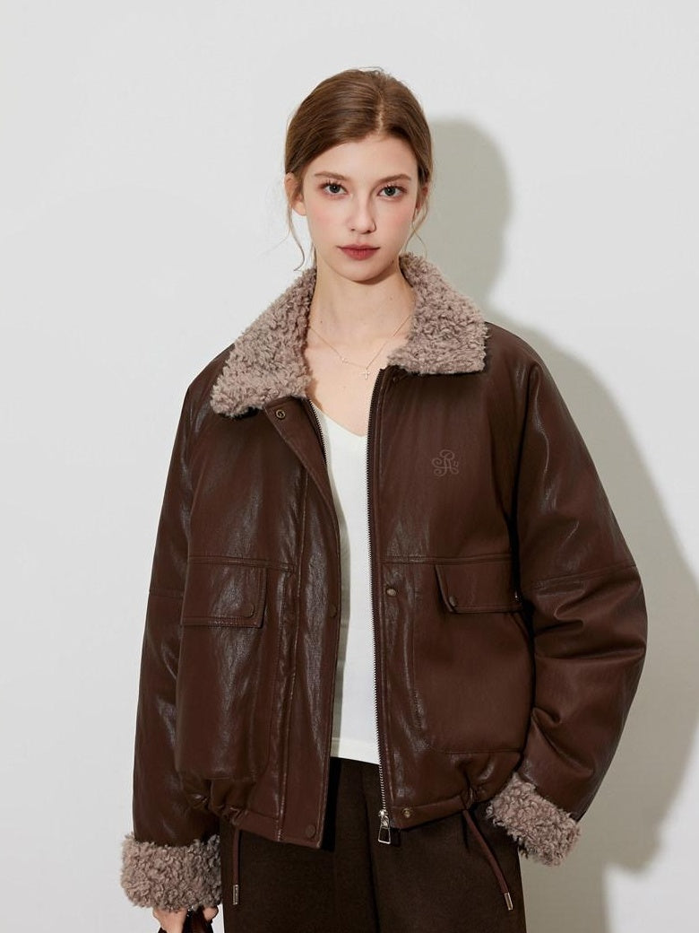 ikyou Thick Pu Leather Embroidered Zip Pocket Oversized Korean Brown Cropped Jackets