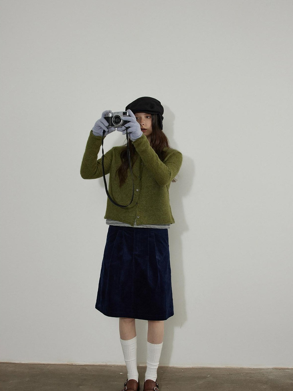 Lofi choose Cotton Pleated Vintage Aline Elastic Waist Loose Workwear Midi Skirts
