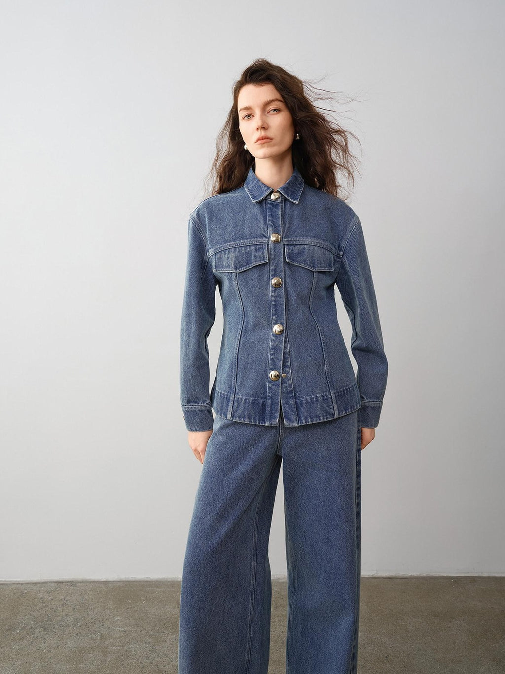 audreyyang 100% Cotton Vintage Loose Fit Button Long Sleeve Denim Women Top & Pants Sets
