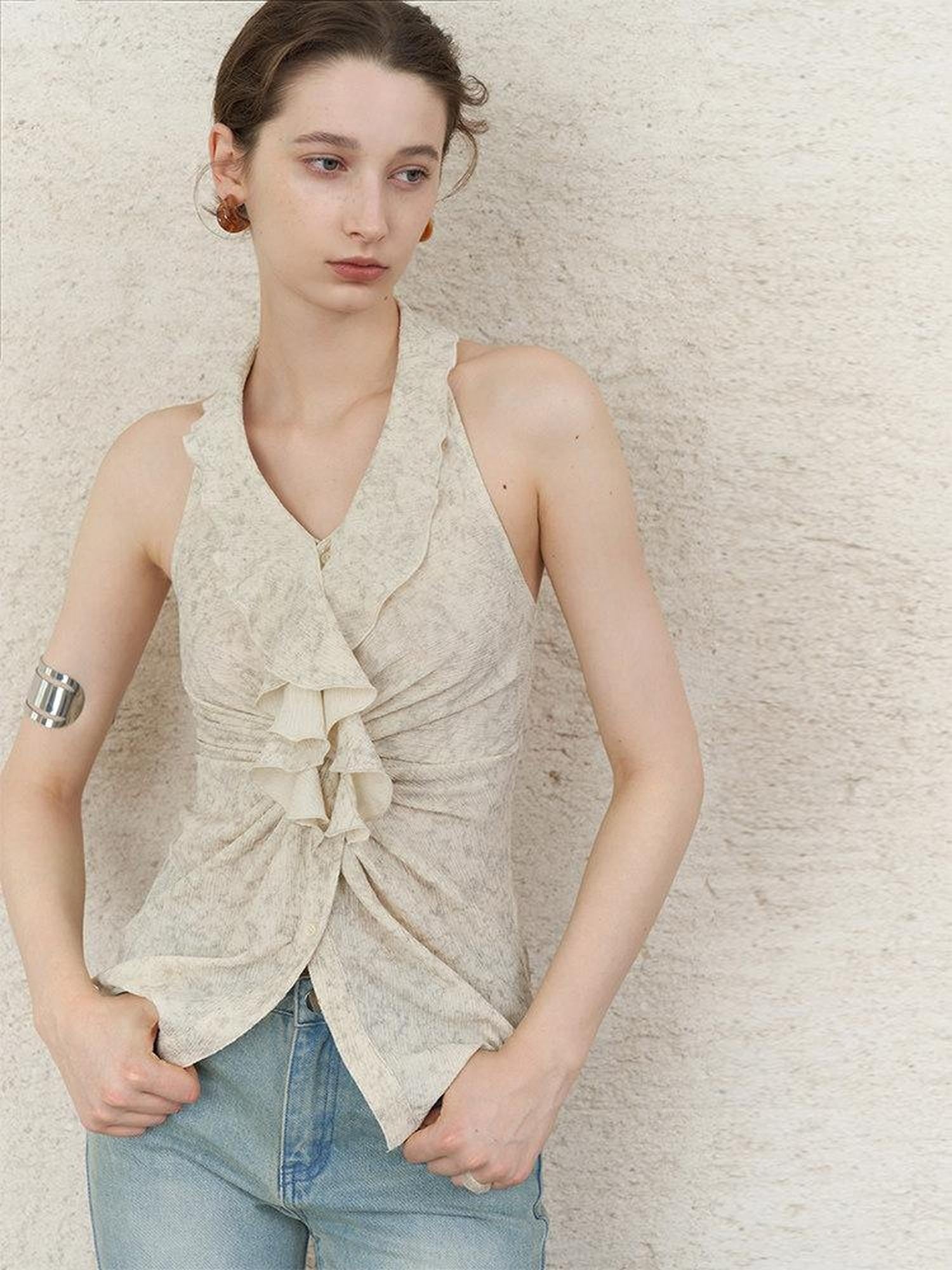 someonesometimes Ruffle Halter Slim Fit Cropped Solid Almond Stretch Tank Tops