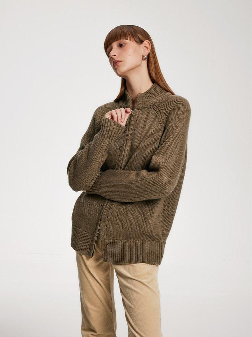 someone sometimes Acrylic Wool Blend Stand Collar Open Front Commuter Knit Brown Cardigans