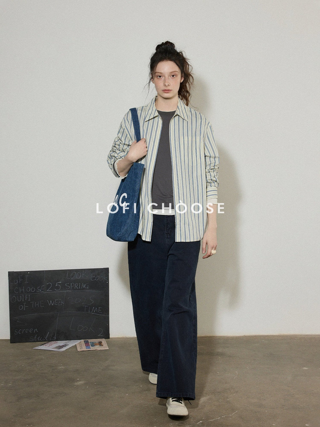 Lofi choose Cotton Blend Colorblock Loose Fit Striped Lapel Zip Women Work Shirts