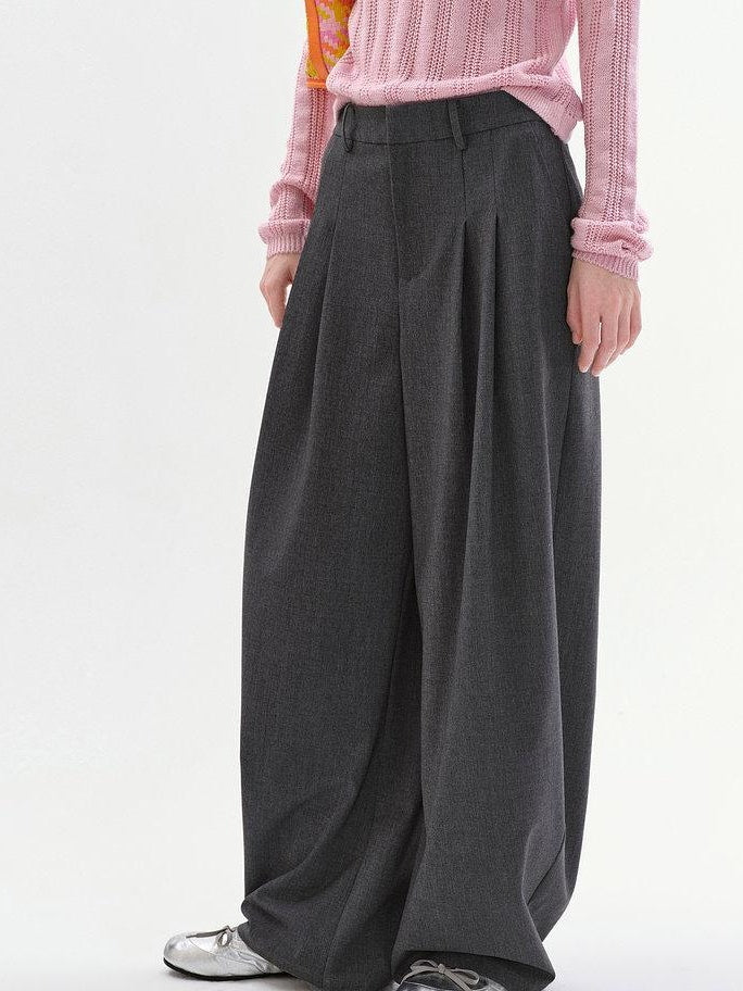 fano Lightweight Mid Rise Minimalist Flowy Young Women Polyester Grey Wide Leg Pants