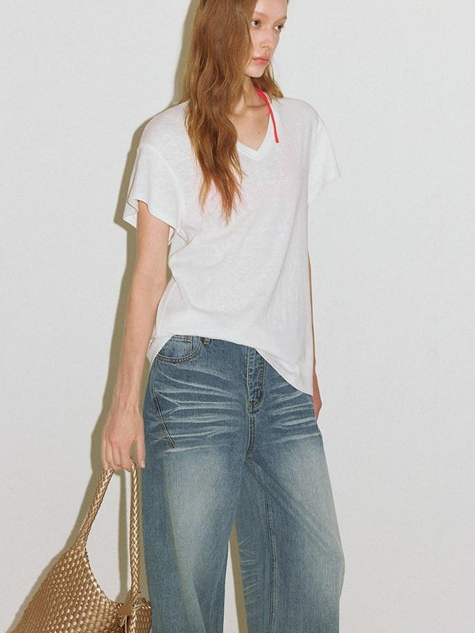 fano High Waist Wide Leg Zipper Fly Loose Light Blue Denim Straight Leg Jeans