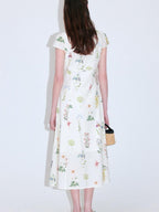 fano Cotton High Waist A Line V-neck Short Sleeve Floral Ivory Korean Maxi Dresses